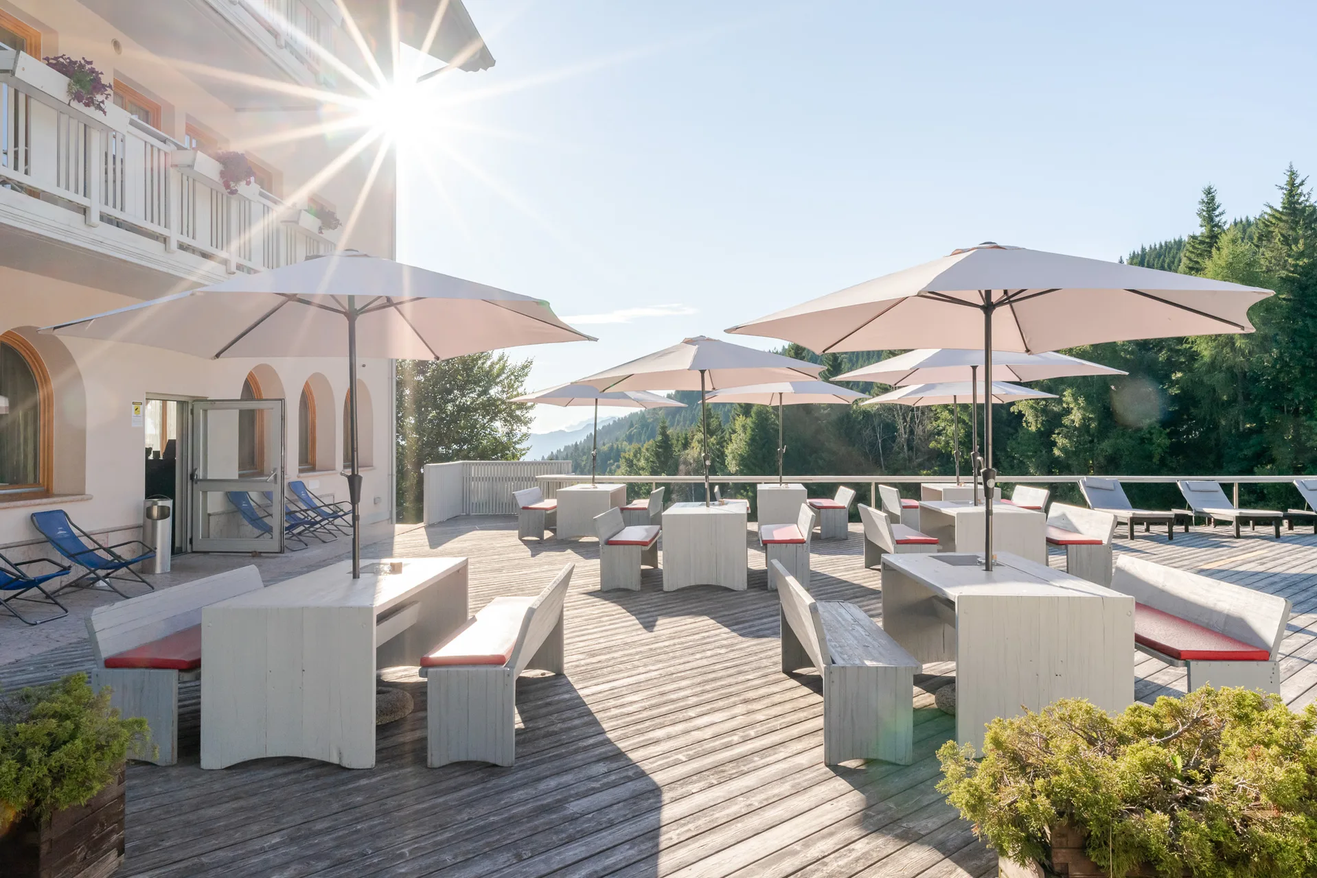 Ampia terrazza in legno con ombrelloni, tavoli e lettini prendisole immersa nella natura