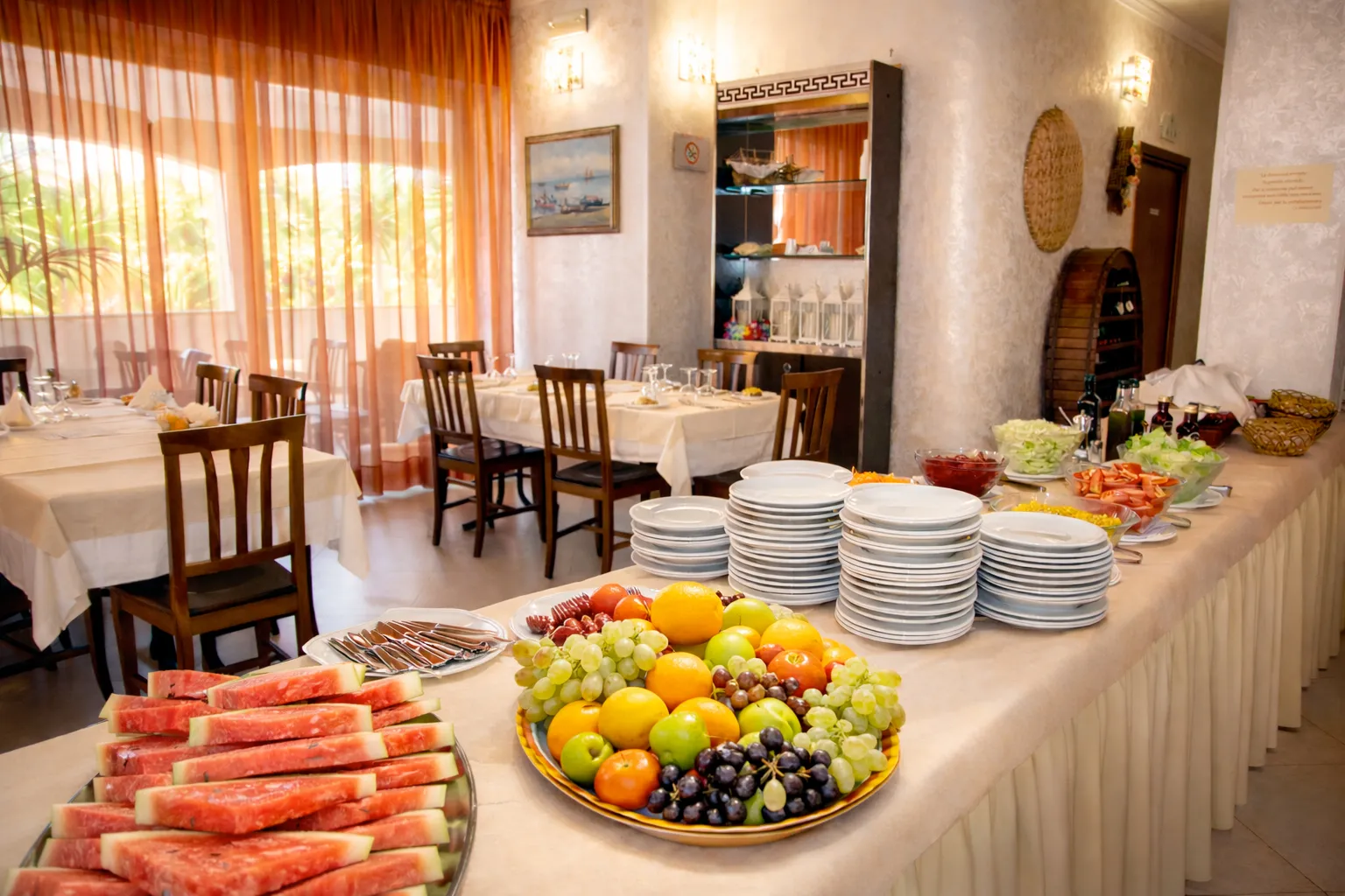 Buffet con frutta fresca, anguria e piatti pronti nella sala ristorante
