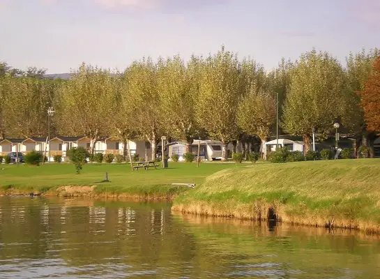 Bungalow e case mobili lungo la riva di un fiume con alberi e prato verde