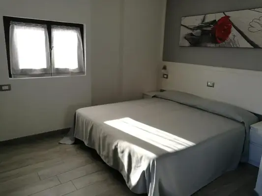 Camera da letto matrimoniale con copriletto grigio, quadro decorativo e finestra con tende bianche
