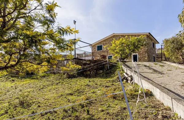Casa in pietra immersa nel verde con alberi di mimosa in fiore e giardino collinare