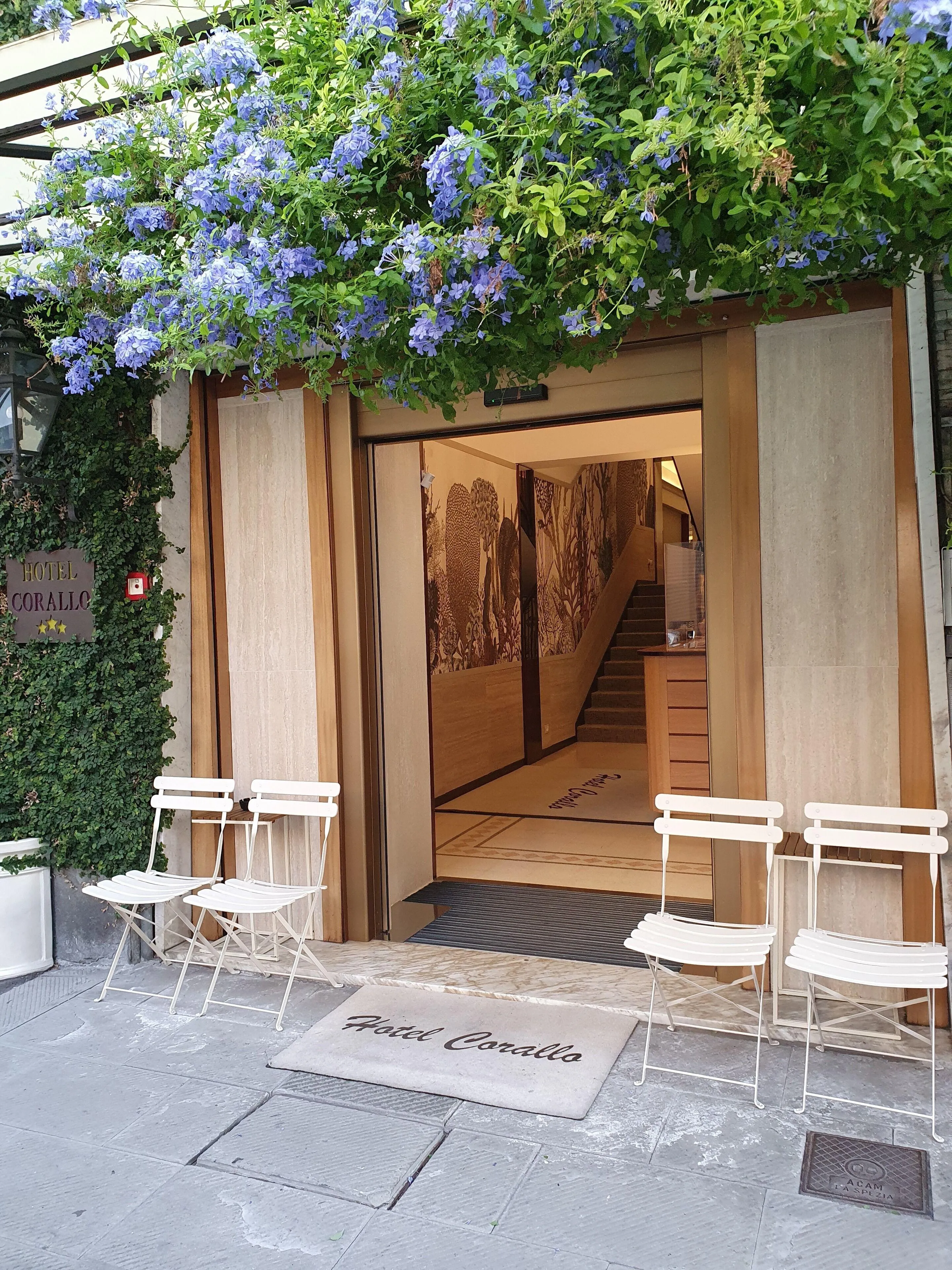 Ingresso dell'Hotel Corallo decorato con fiori azzurri e sedie bianche