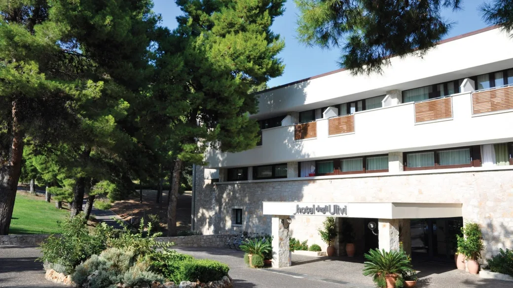 Ingresso dell'Hotel degli Ulivi con facciata bianca, pini e piante ornamentali