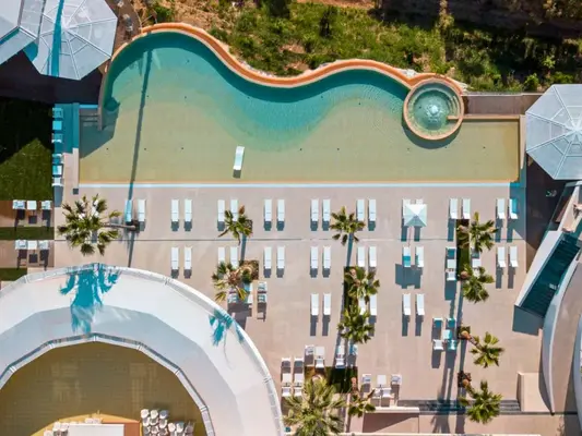 Vista dall'alto della piscina sinuosa con lettini e palme