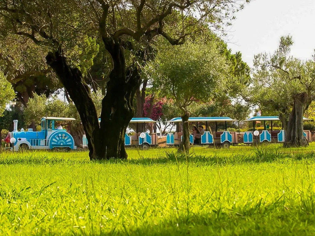 Trenino turistico azzurro tra gli ulivi nel parco dell'hotel