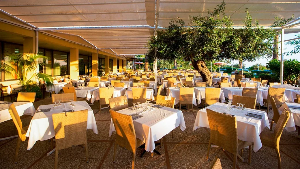 Ristorante all'aperto con tavoli apparecchiati sotto pergolato e ulivo