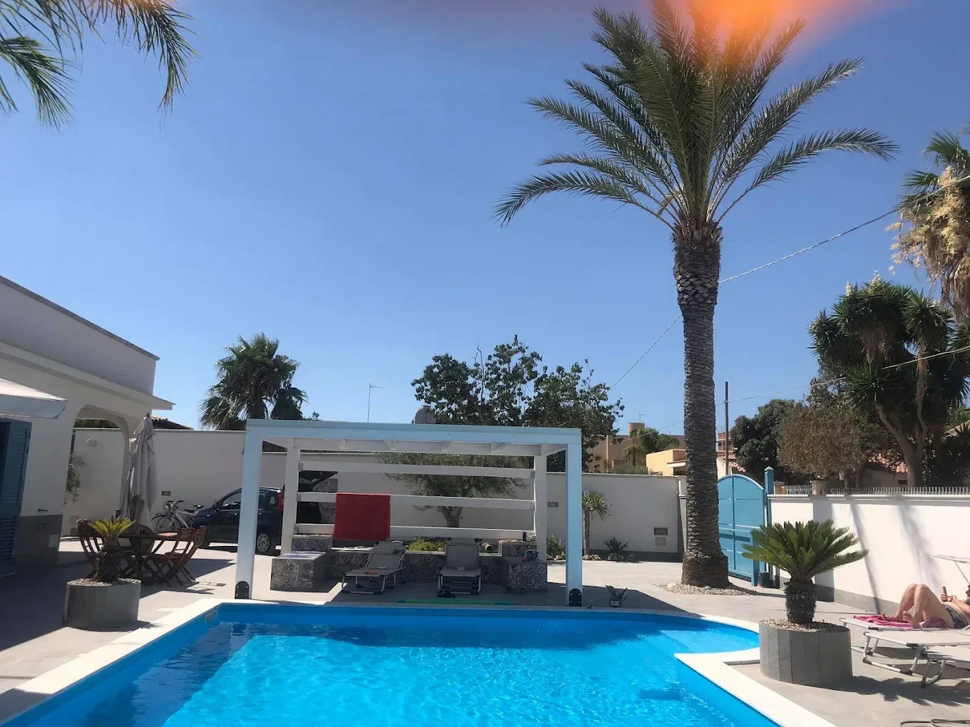 Piscina con pergolato bianco, lettini e alta palma sotto cielo azzurro