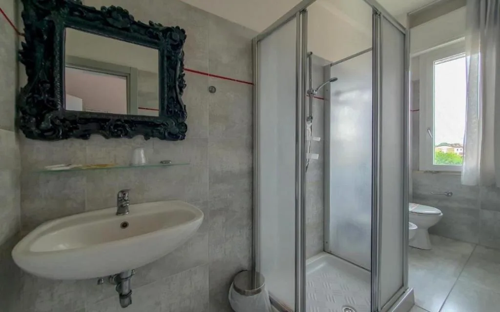 Bagno della camera con lavabo, specchio decorativo scuro, box doccia e finestra