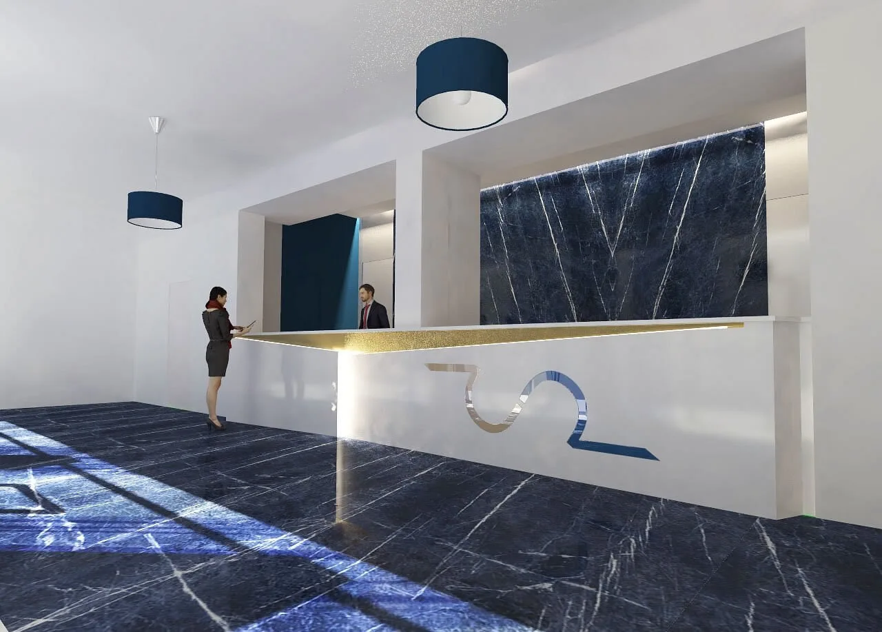 Reception dell'hotel con banco in marmo blu e design moderno