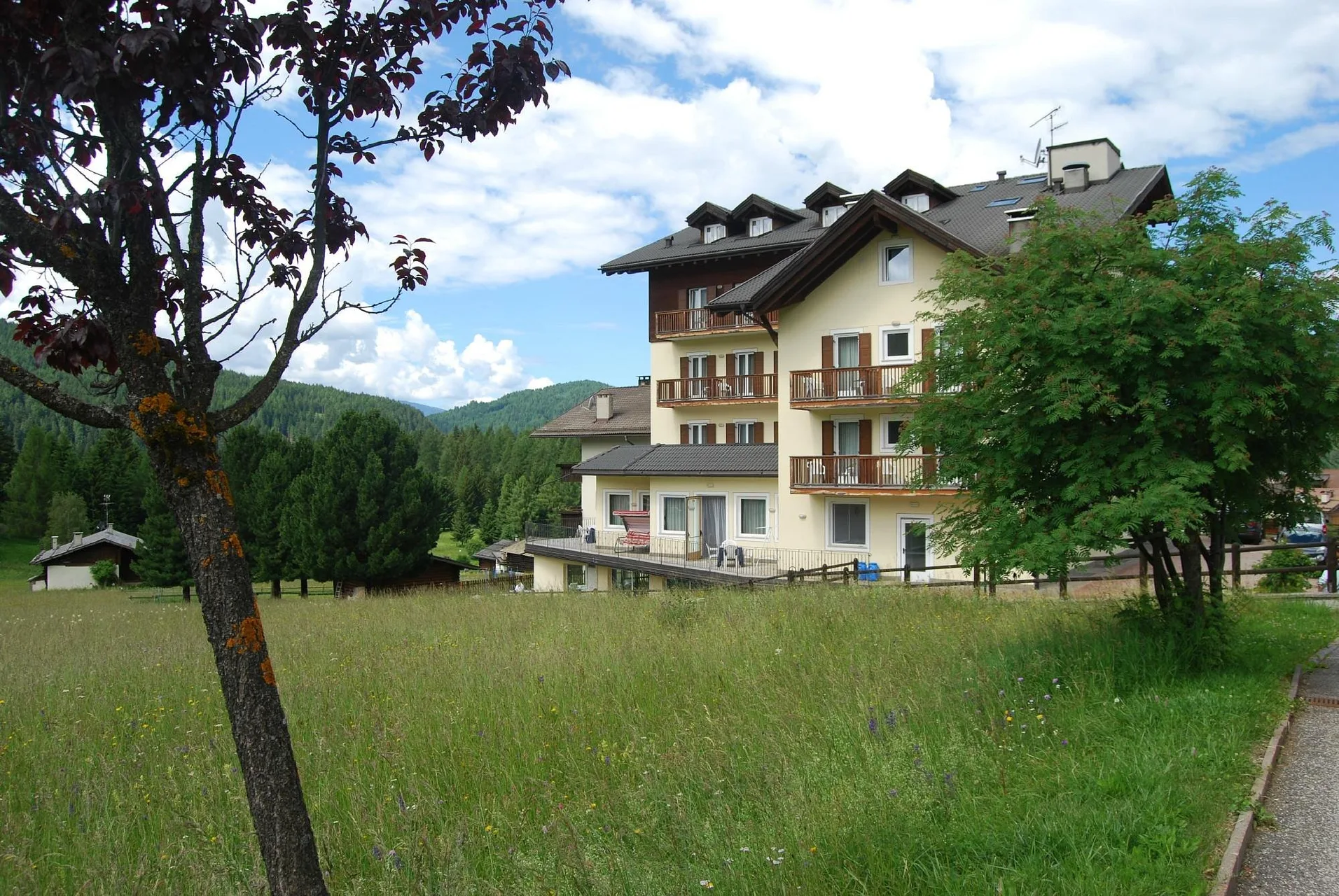 Facciata dell'hotel con balconi in legno tra prati fioriti e alberi verdi