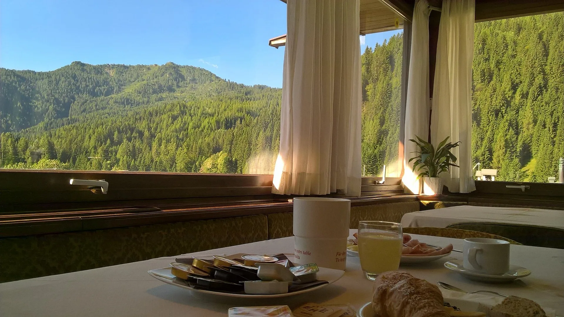 Colazione servita al tavolo con vista panoramica su montagne boscose attraverso la finestra