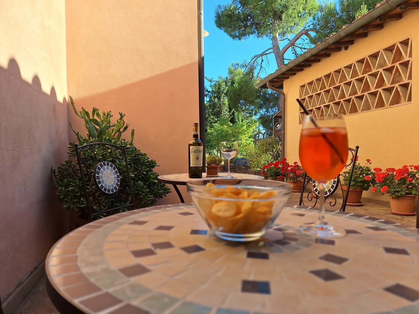 Tavolino con aperitivo Spritz e patatine su terrazza esterna con vista sul giardino