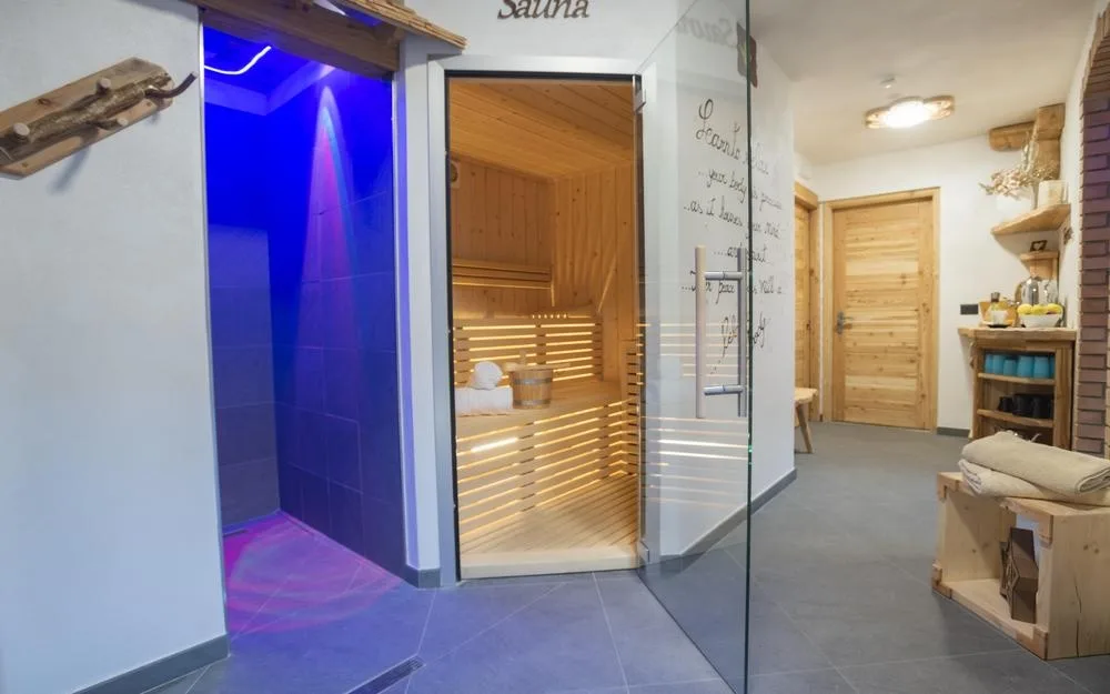 Area wellness con ingresso alla sauna, doccia emozionale con luci colorate e angolo tisaneria