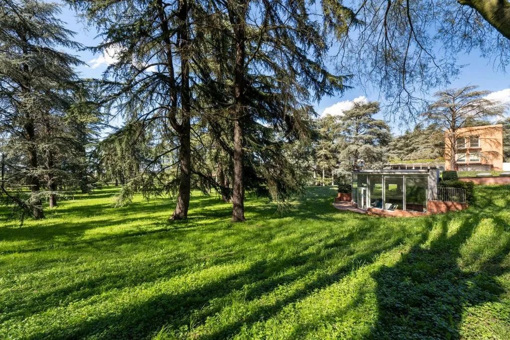 Ampio parco verde con alberi di cedro e struttura vetrata immersa nella natura