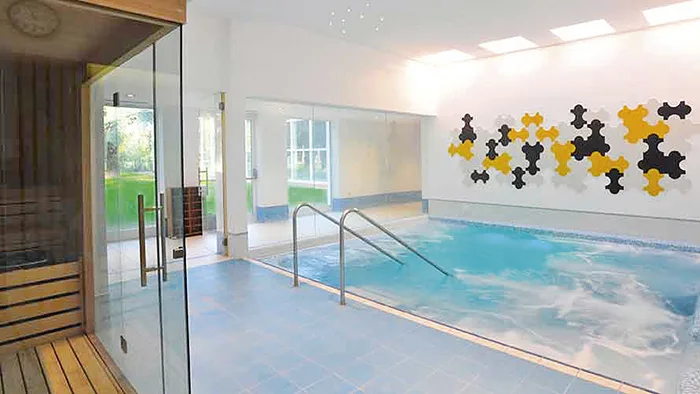 Piccola piscina idromassaggio coperta accanto a una sauna con parete decorata