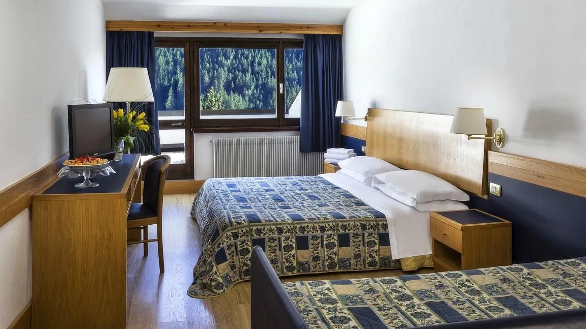 Camera doppia con letti, scrivania, TV e finestra con vista sulle montagne boscose