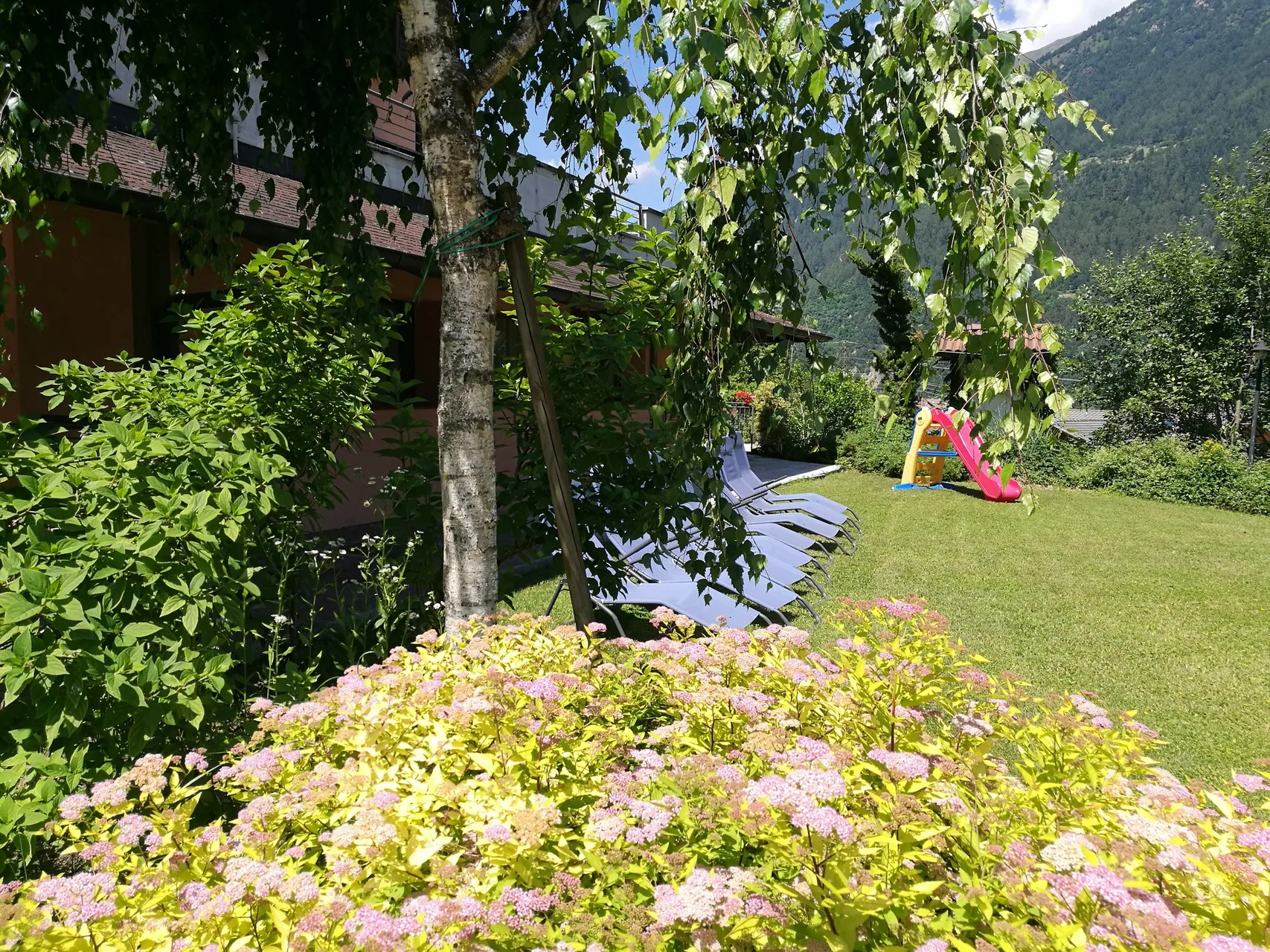 Giardino dell'hotel con lettini, area giochi per bambini e fiori colorati in estate
