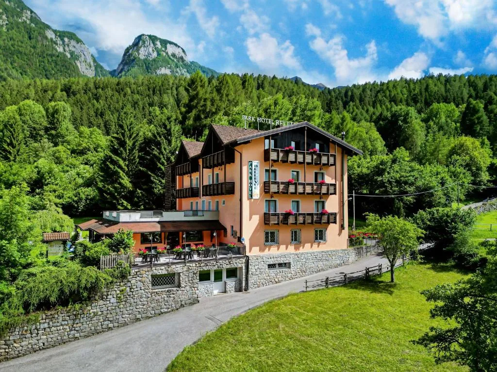Veduta aerea del Park Hotel Bellevue circondato da boschi e montagne