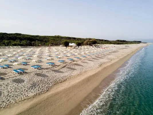 Veduta aerea della spiaggia con file di lettini blu e ombrelloni lungo la costa