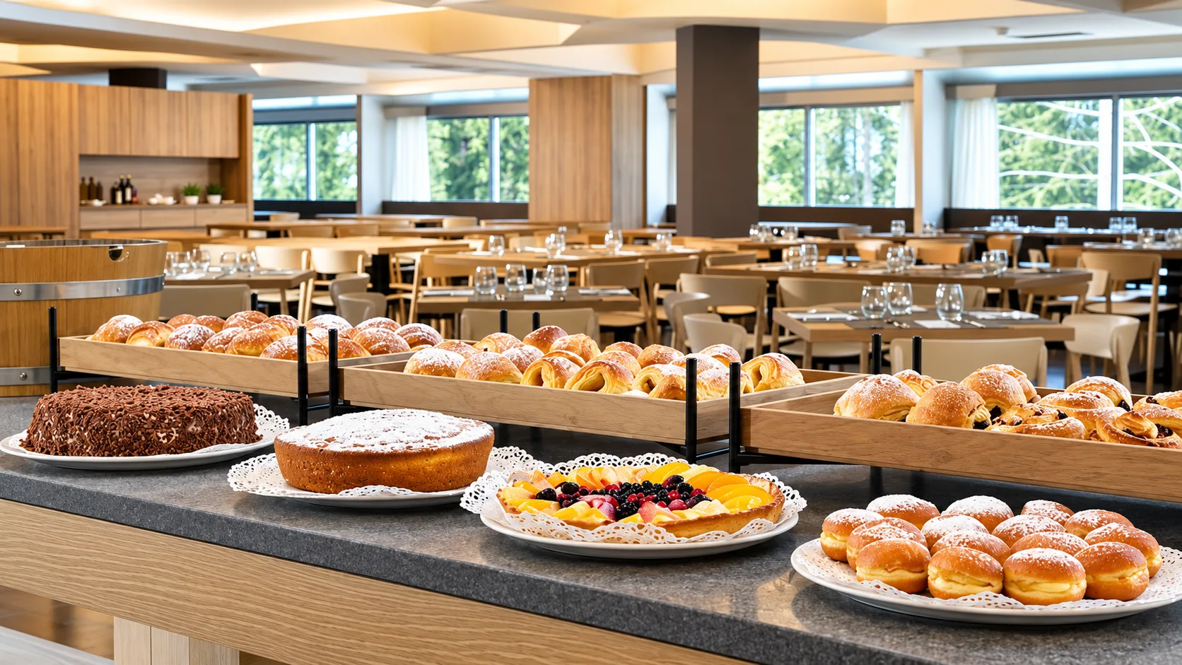 Buffet della colazione con dolci, torte e cornetti freschi