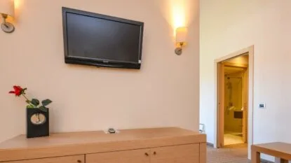 Soggiorno con mobile in legno, tv a parete, vaso nero con rosa rossa e porta aperta verso bagno luminoso.