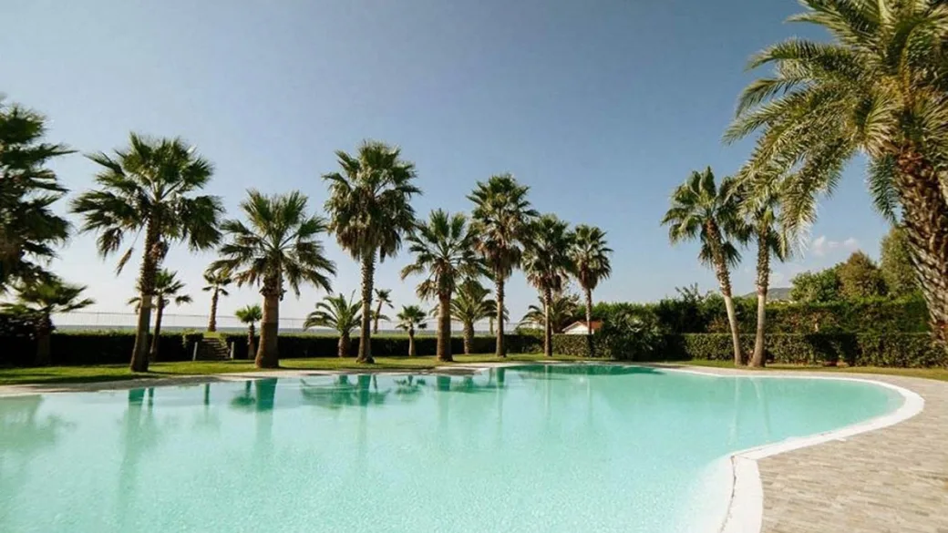 Piscina dalle acque turchesi circondata da palme e prato verde