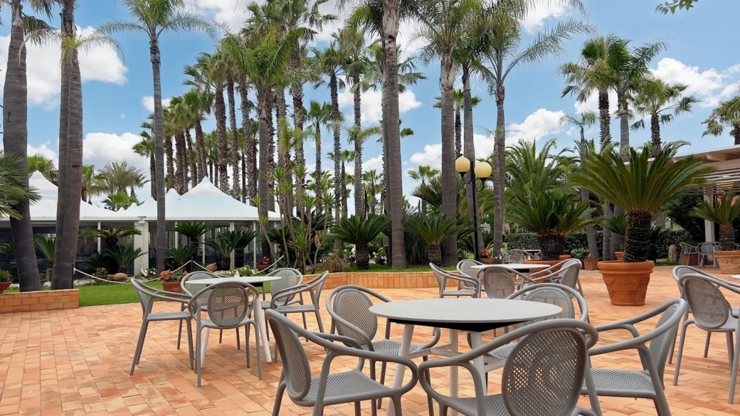 Terrazza esterna con tavoli e sedie circondata da alte palme e cielo azzurro