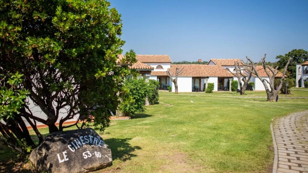 Giardino con case bianche, alberi senza foglie e sentiero di pietra sotto un cielo azzurro.