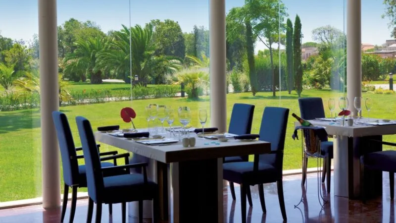 Interno di un ristorante con tavolo apparecchiato, ampie vetrate con vista su un giardino verde e palmizi.