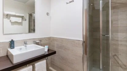 Bagno moderno con lavabo rettangolare su ripiano scuro, specchio, doccia con ante in vetro e piastrelle color legno.