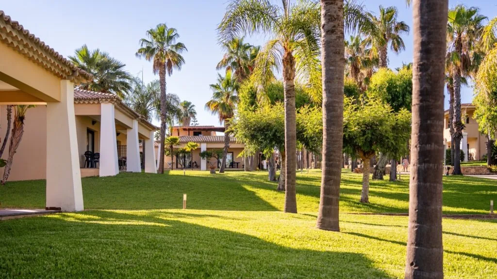 Giardino soleggiato con palme e villette in stile mediterraneo su prato verde ben curato.