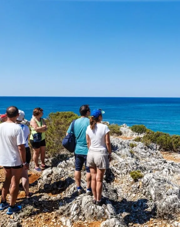 Gruppo di persone osserva il mare da una scogliera, circondato da vegetazione e rocce, sotto un cielo blu.