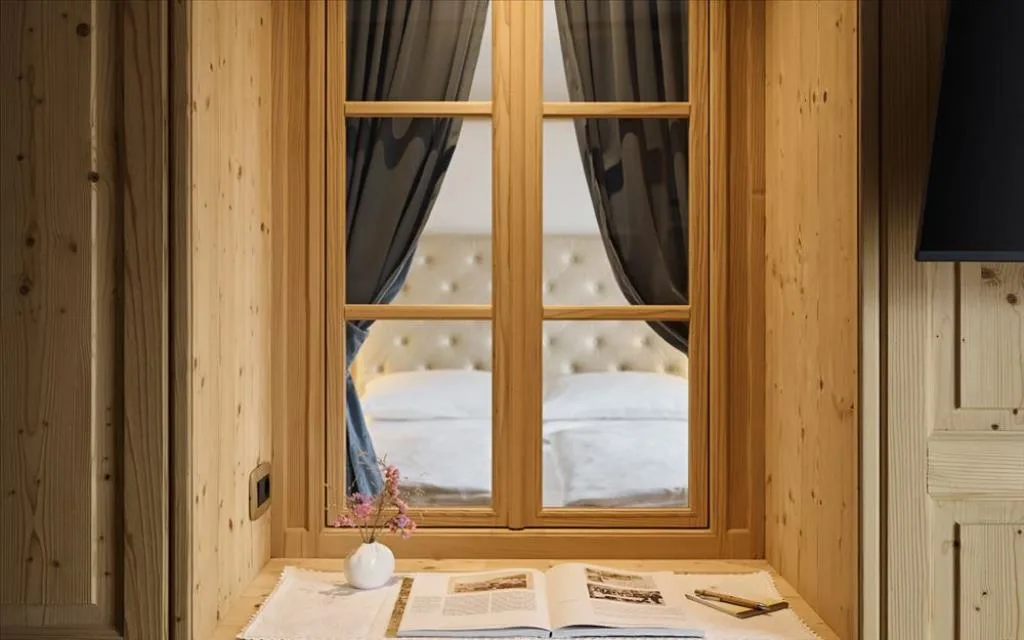 Dettaglio di finestra in legno con libro aperto e vasetto di fiori