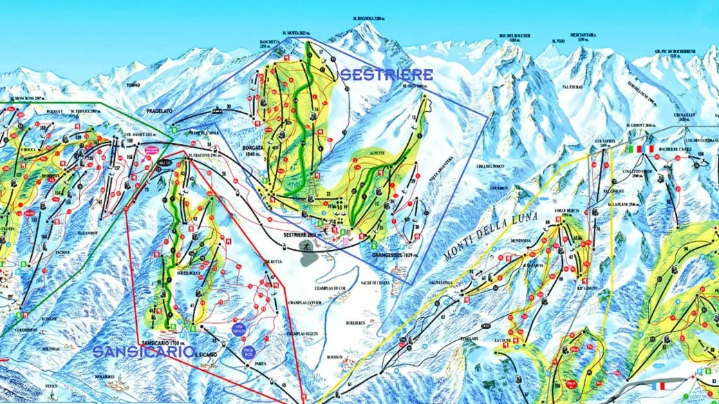 Mappa del comprensorio sciistico di Sestriere e Via Lattea con piste e impianti
