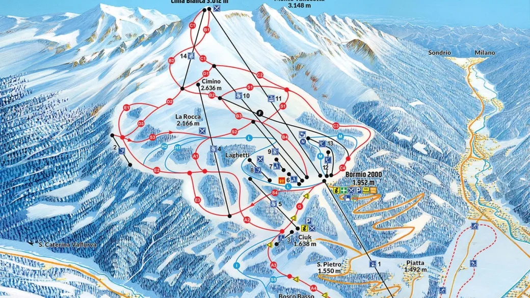 Mappa delle piste da sci del comprensorio di Bormio 2000