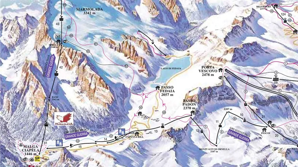 Mappa del comprensorio sciistico della Marmolada con piste, impianti e passi alpini