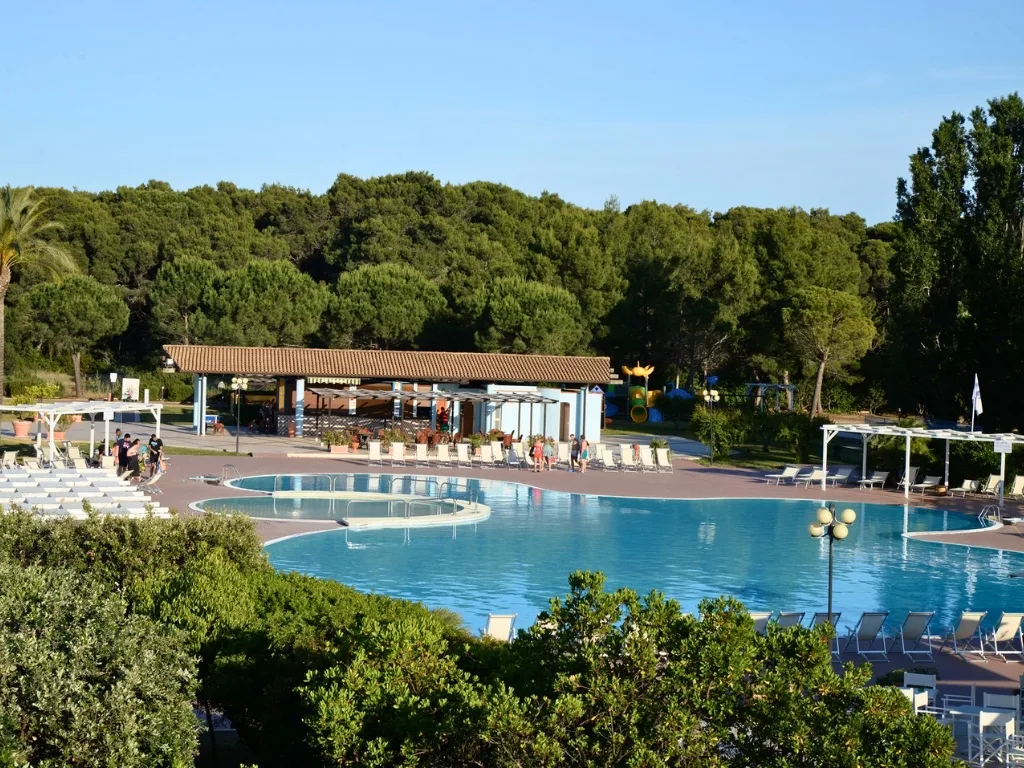 Piscina immersa nel verde con pineta e area relax