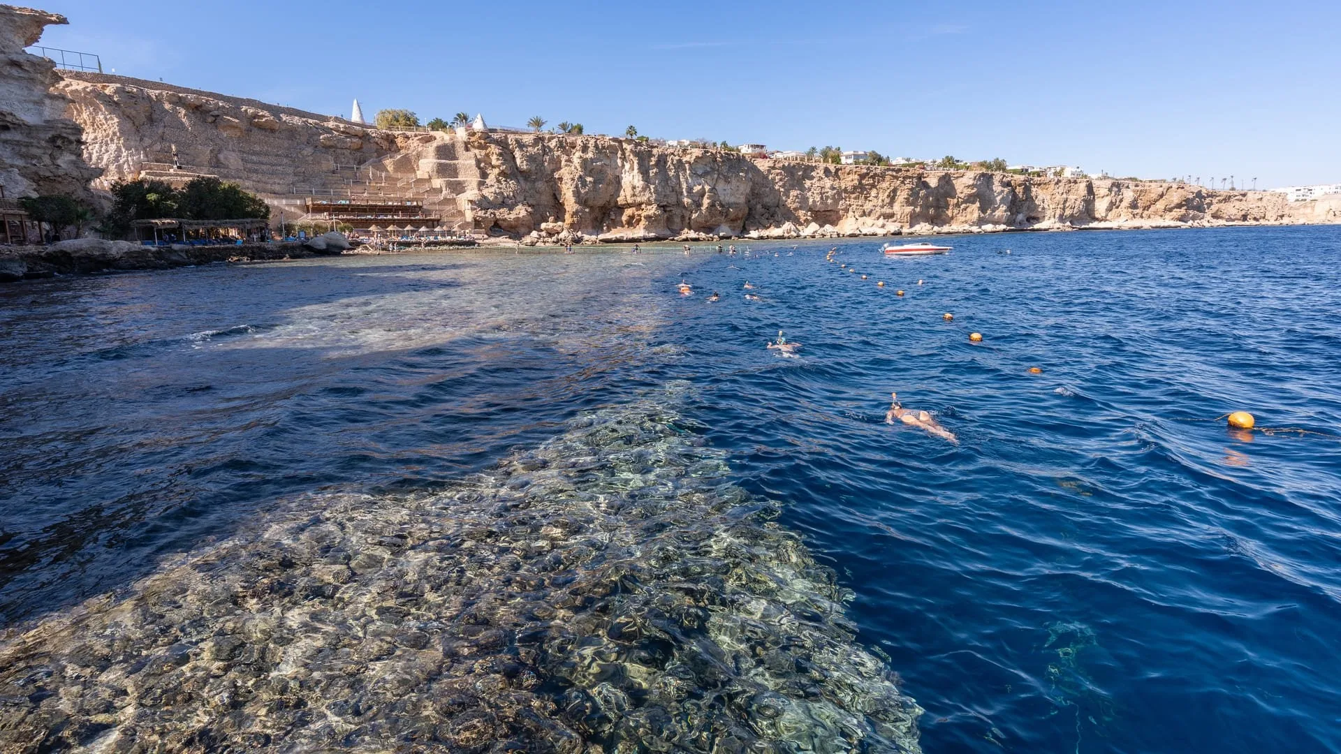 Mare cristallino con barriera corallina e persone che nuotano vicino alla costa rocciosa