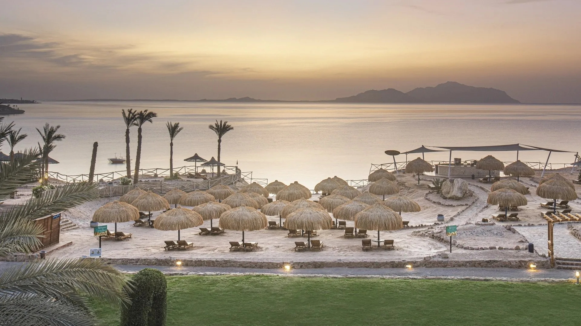 Spiaggia al tramonto con ombrelloni di paglia e palme affacciata sul mare