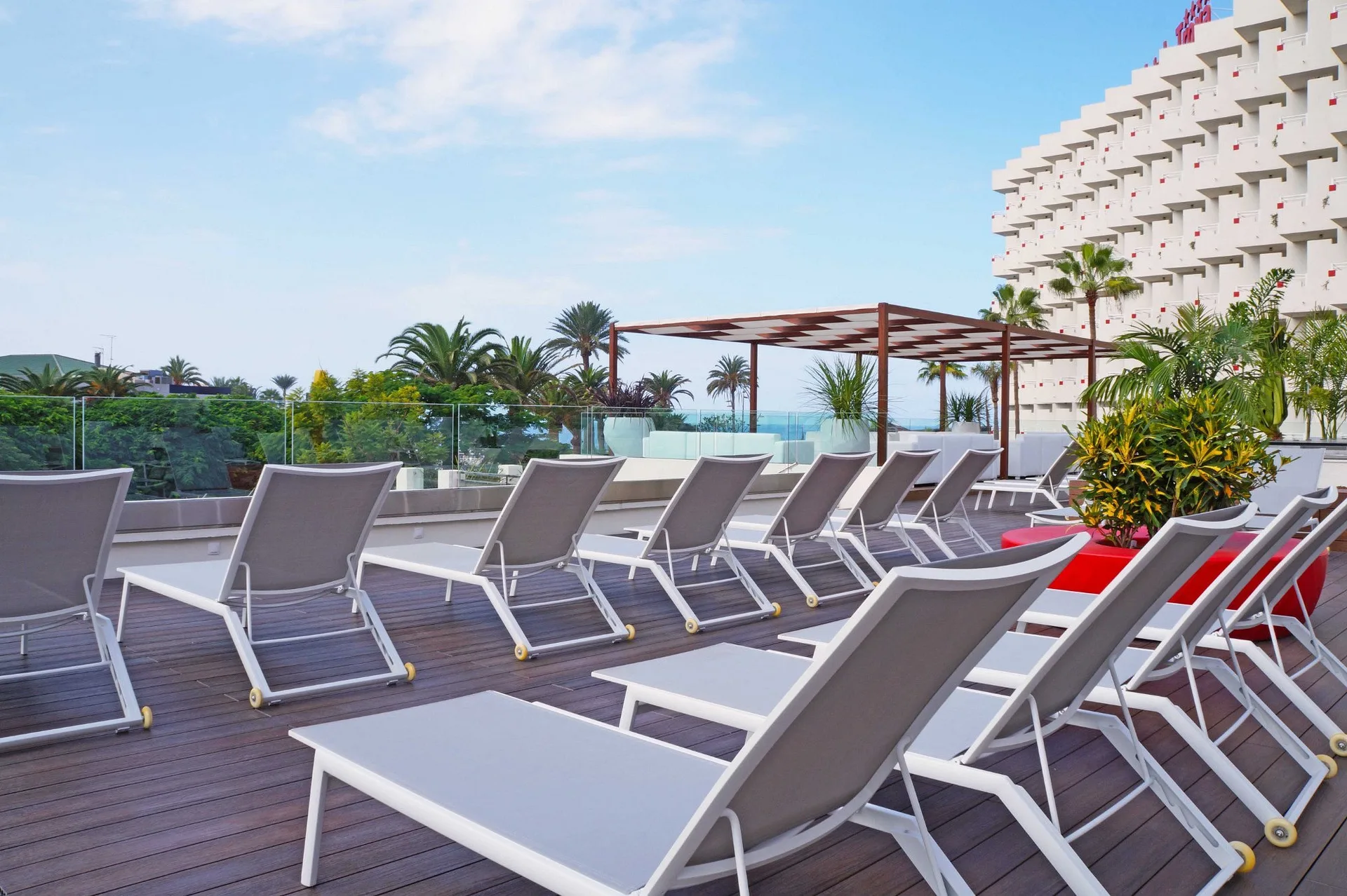 Terrazza solarium con lettini bianchi, pergola e vista mare tra le palme