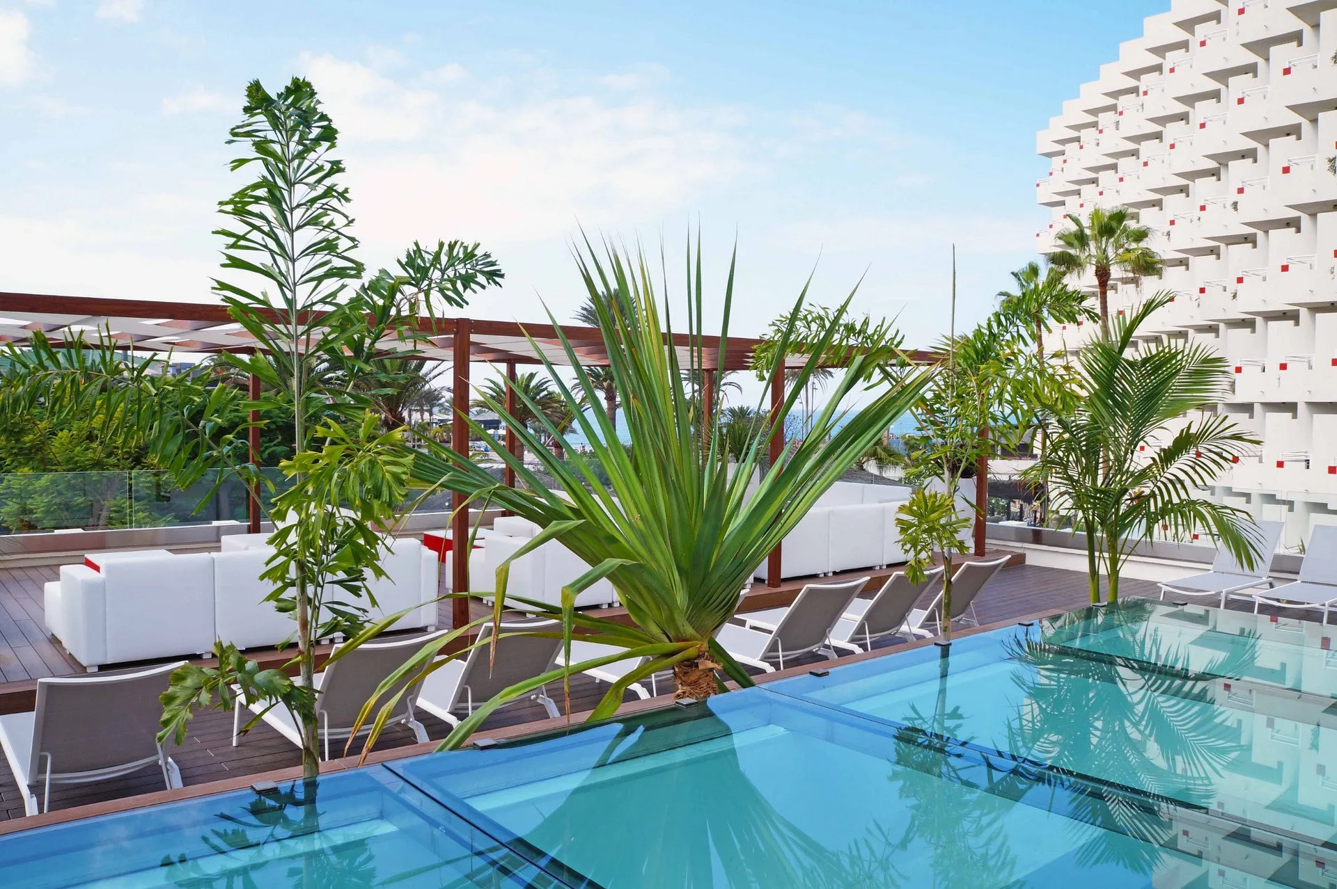 Terrazza con piscina, divani bianchi e vegetazione tropicale vista hotel