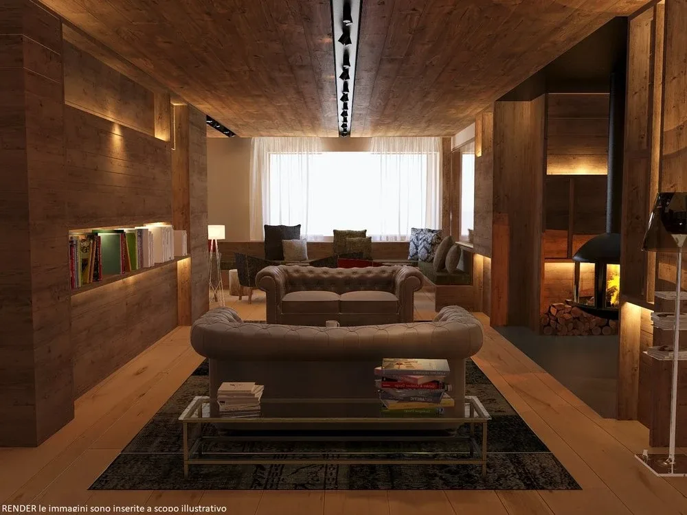 Render di salotto rustico con divani Chesterfield, camino e pareti in legno