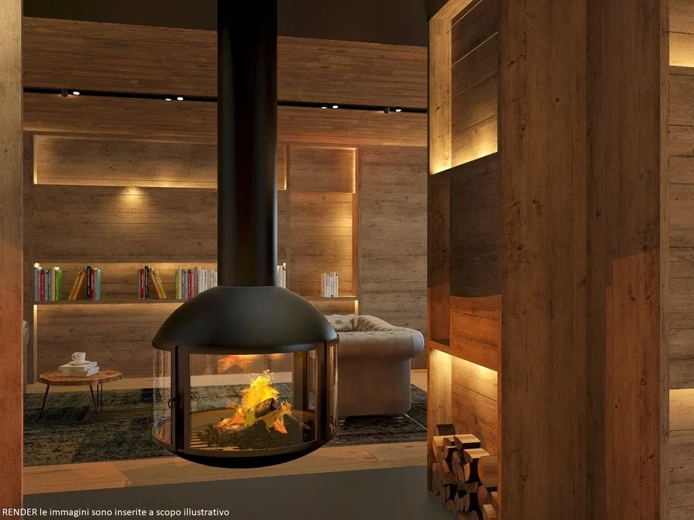 Render di camino sospeso in acciaio nero con fuoco acceso in ambiente in legno