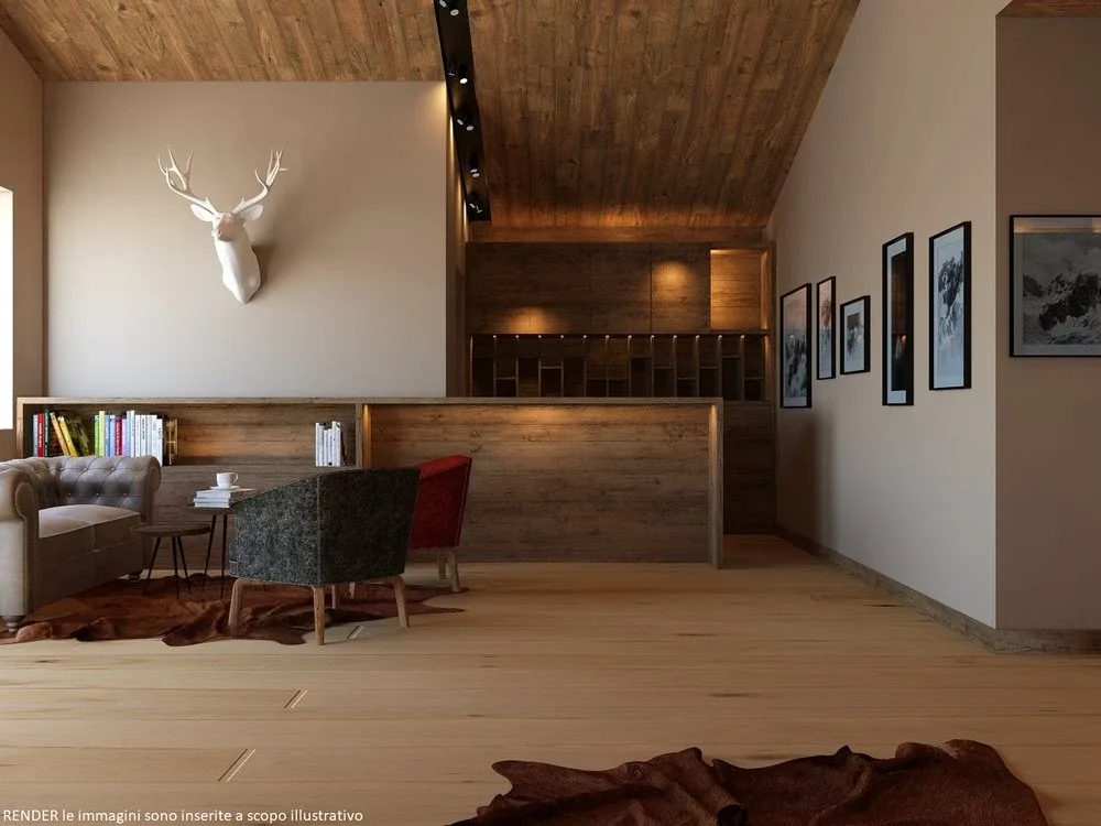 Render della reception in legno con trofeo di cervo decorativo e tappeti in pelle