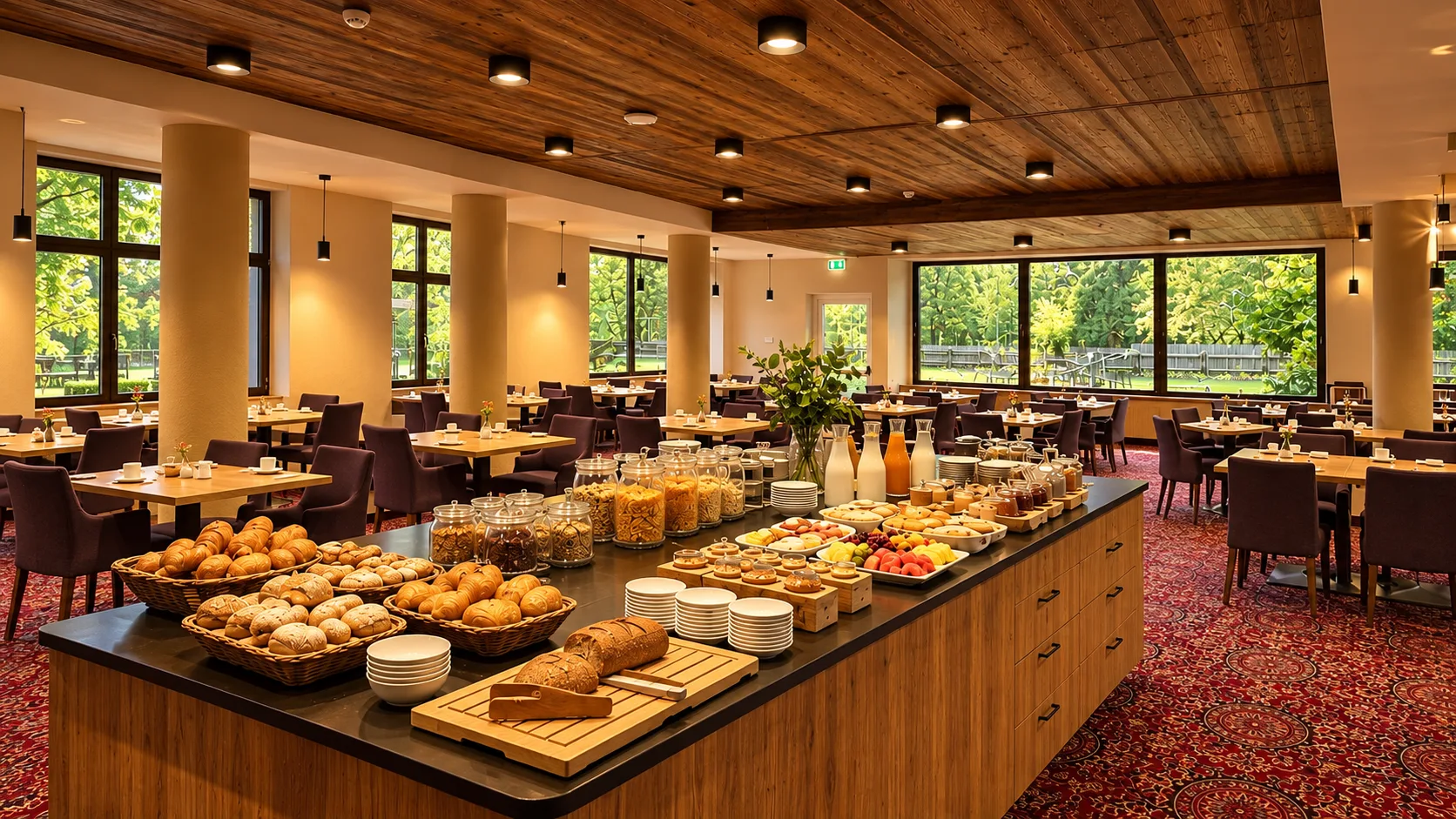 Buffet della colazione con pane, frutta e cereali in sala con vista sul verde