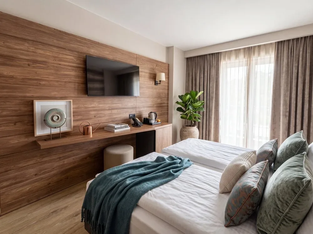 Camera elegante con parete in legno, piante e letto con cuscini verdi