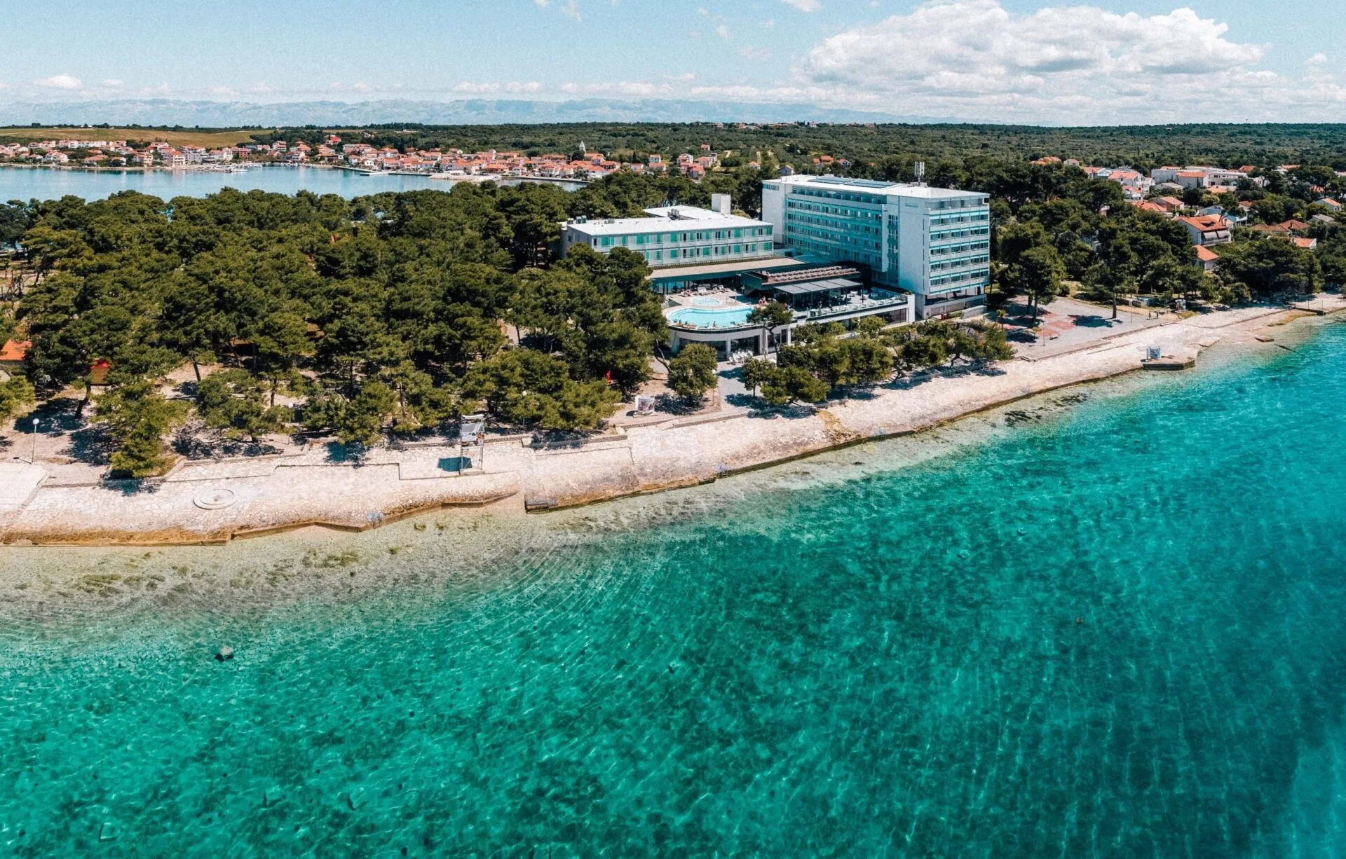 Veduta aerea dell'hotel sulla costa con pineta, spiaggia e mare cristallino