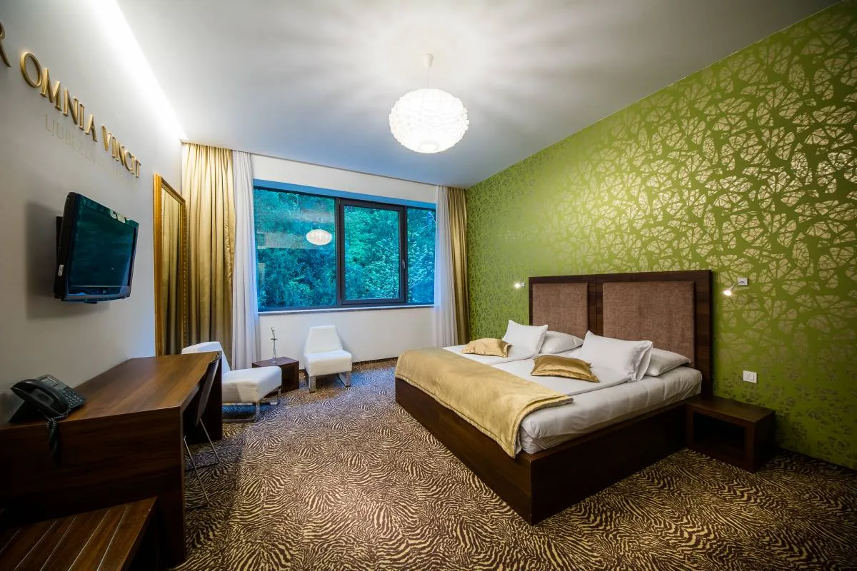 Camera moderna con parete verde decorata, letto matrimoniale e vista sul bosco