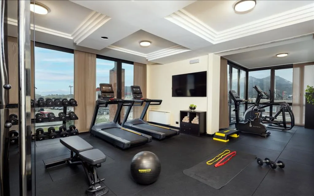Palestra attrezzata con tapis roulant, pesi e vista panoramica sulle montagne
