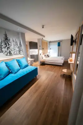 Ampia camera familiare con divano blu, letto matrimoniale e angolo cottura